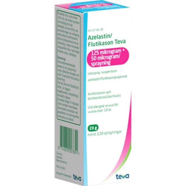 Azelastin/Flutikason Teva, nässpray, susp 125 mikrogram + 50 mikrogram/spraynin, 120 doser product image