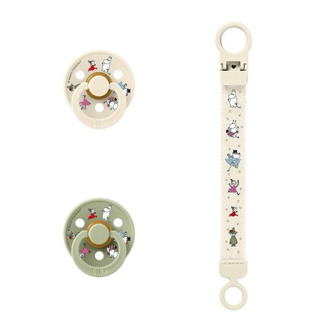 Bibs x Moomins Colour Pacifier & Loop Clip Gift Set Latex Size 2 Ivory/Sage product image