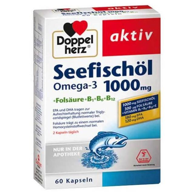 Doppelherz Seefischöl Omega-3 1000 mg+Folsäure Kapseln, 60 St Kapseln product image