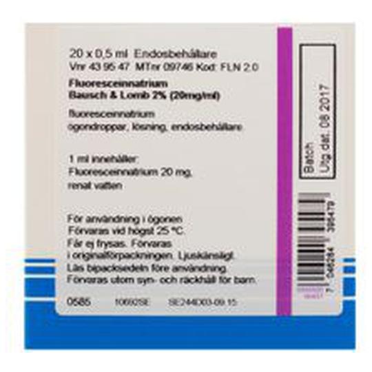 Fluoresceinnatrium Bausch & Lomb 2 % (20 mg/ml) Fluorescein, Ögondroppar, lösning i endosbehållare, 20 x 0,5 milliliter product image