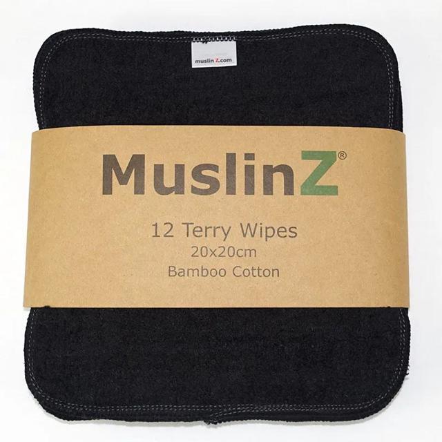 MuslinZ Bamboo Cotton Terry Wipes black 12-pack product image