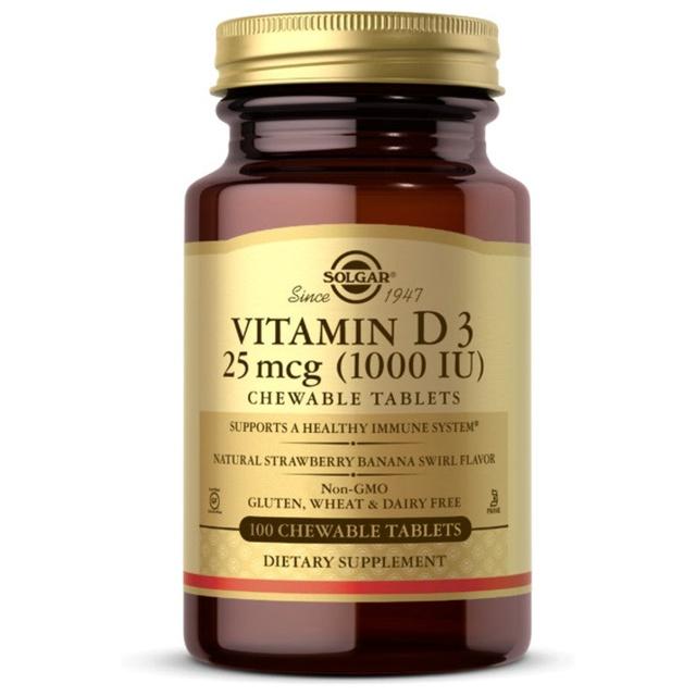 Vitamin D3 1000 IU 100 Kautabletten mit natürlichem Erdbeer- und Bananen-Swirl-Geschmack. Solgar product image